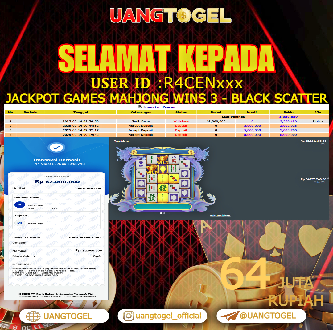 UANGTOGEL JACKPOT SLOT GAMES MAHJONG WINS 3 - BLACK SCATTER   Rp.64.000.000   -  LUNAS USER ID :  R4CEN***