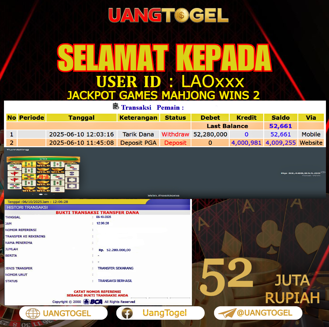 UANGTOGEL JACKPOT SLOT GAMES MAHJONG WINS 2 Rp.52.000.000 - LUNAS USER ID : LAO***