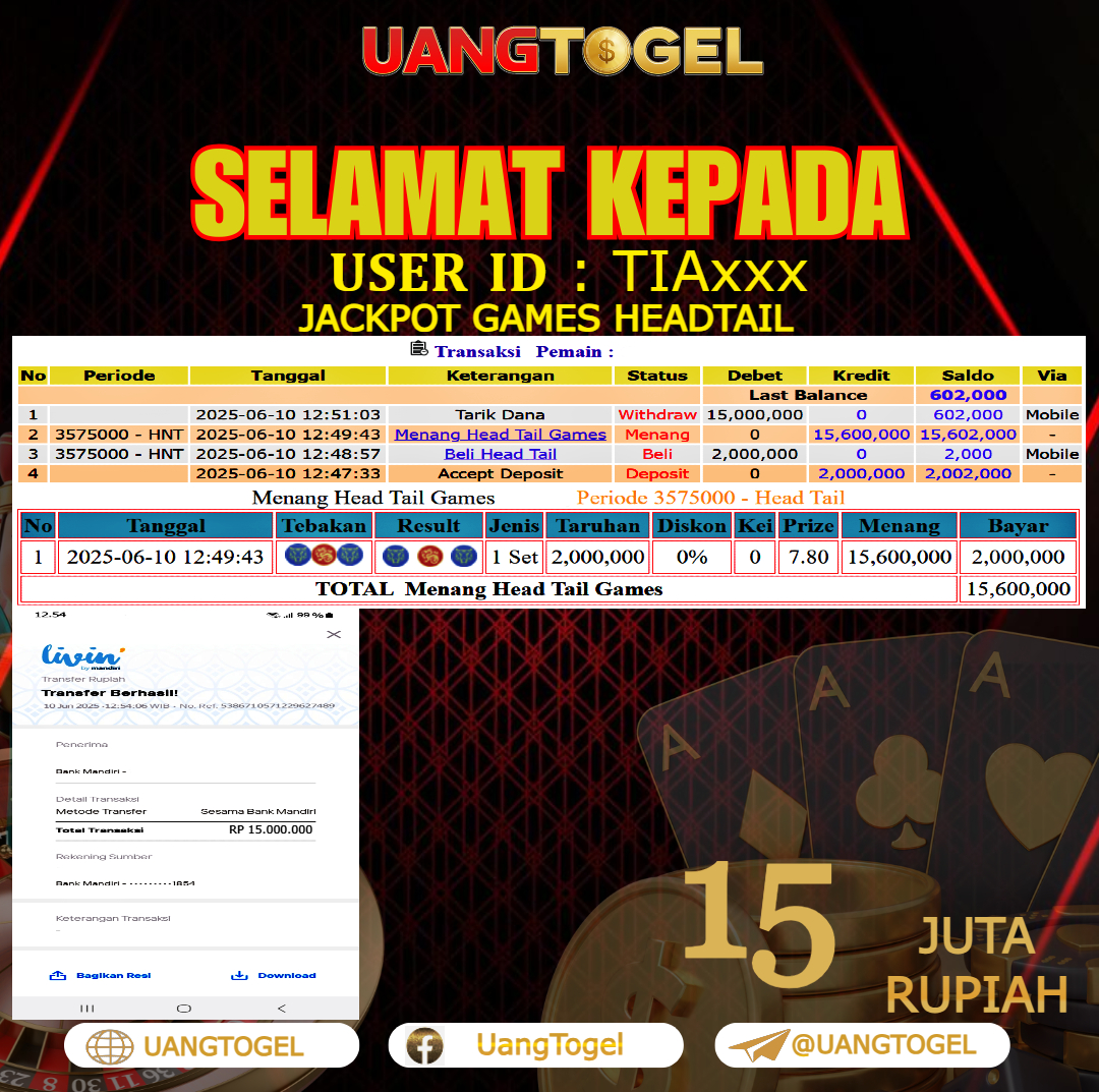 UANGTOGEL JACKPOT LIVE GAMES HEADTAIL Rp.15.000.000 - LUNAS USER ID : TIA***