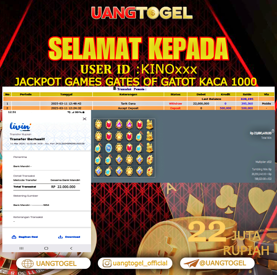 UANGTOGEL JACKPOT SLOT GAMES GATES OF GATOT KACA 1000  Rp.22.000.000   -  LUNAS USER ID :  KINO***