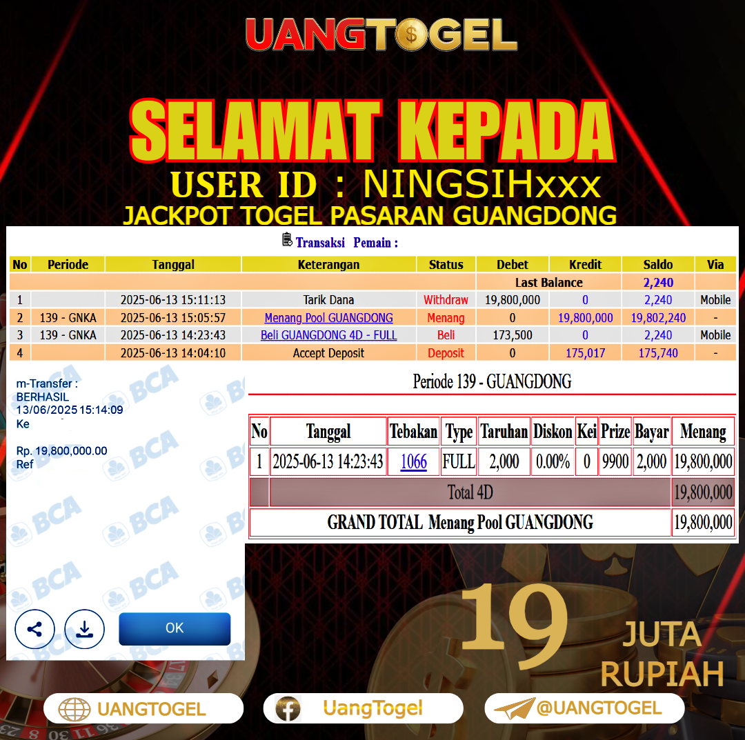 UANGTOGEL JACKPOT TOGEL PASARAN GUANGDONG Rp.19.000.000 - LUNAS USER ID : NINGSIH***