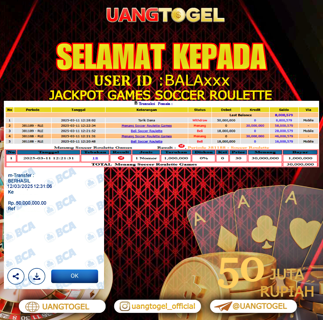 UANGTOGEL JACKPOT LIVE GAMES SOCCER ROULETTE  Rp.50.000.000   -  LUNAS USER ID :  BALA***