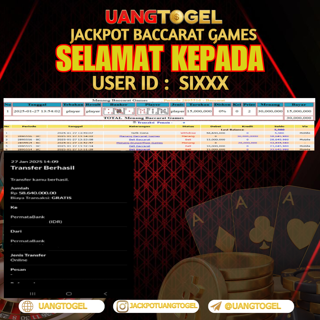 UANGTOGEL JACKPOT LIVE GAME BACCARAT GAME Rp.58.640.000 - LUNAS USER ID : SI***