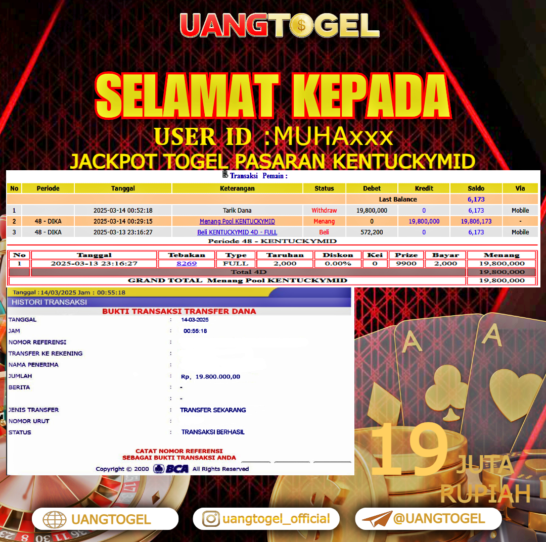 UANGTOGEL JACKPOT TOGEL PASARAN KENTUCKYMID  Rp.19.000.000   -  LUNAS USER ID :  MUHA***