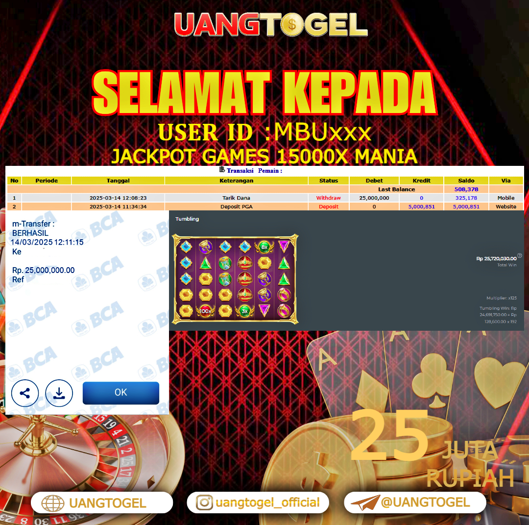 UANGTOGEL JACKPOT SLOT GAMES 15000X MANIA  Rp.25.000.000   -  LUNAS USER ID :  MBU***