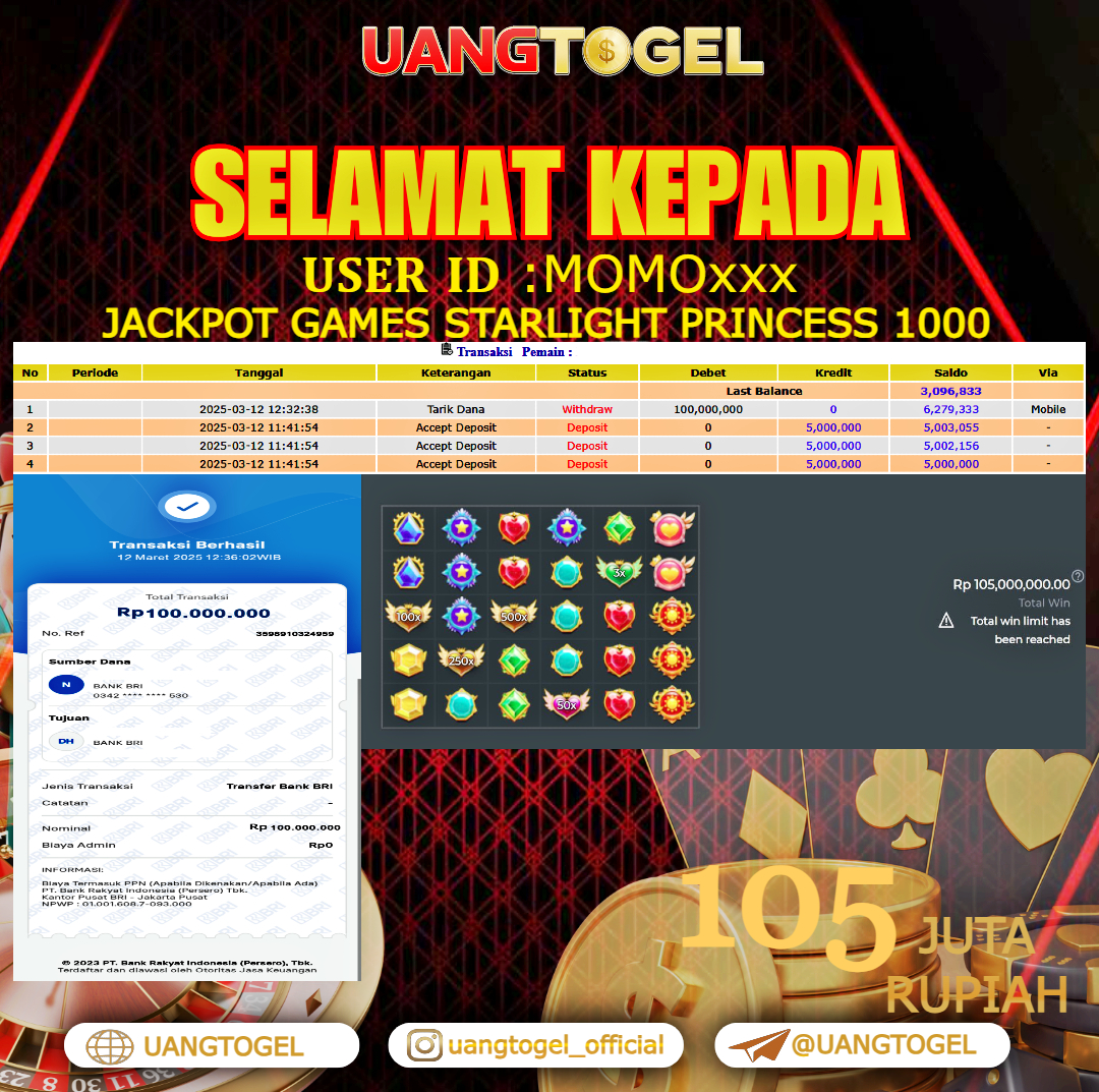 UANGTOGEL JACKPOT SLOT GAMES STARLIGHT PRINCESS 1000  Rp.105.000.000   -  LUNAS USER ID :  MOMO***