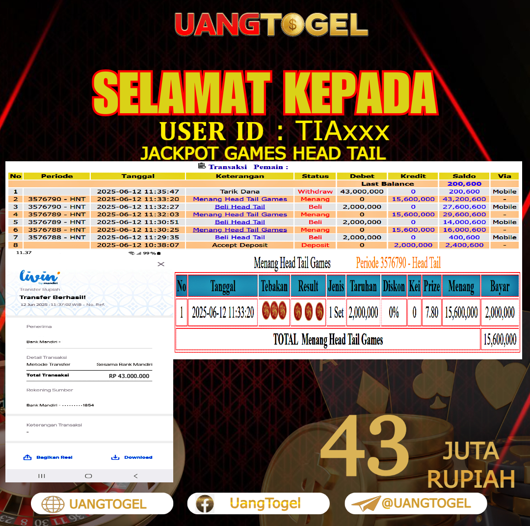 UANGTOGEL JACKPOT LIVE GAMES HEAD TAIL Rp.43.000.000 - LUNAS USER ID : TIA***