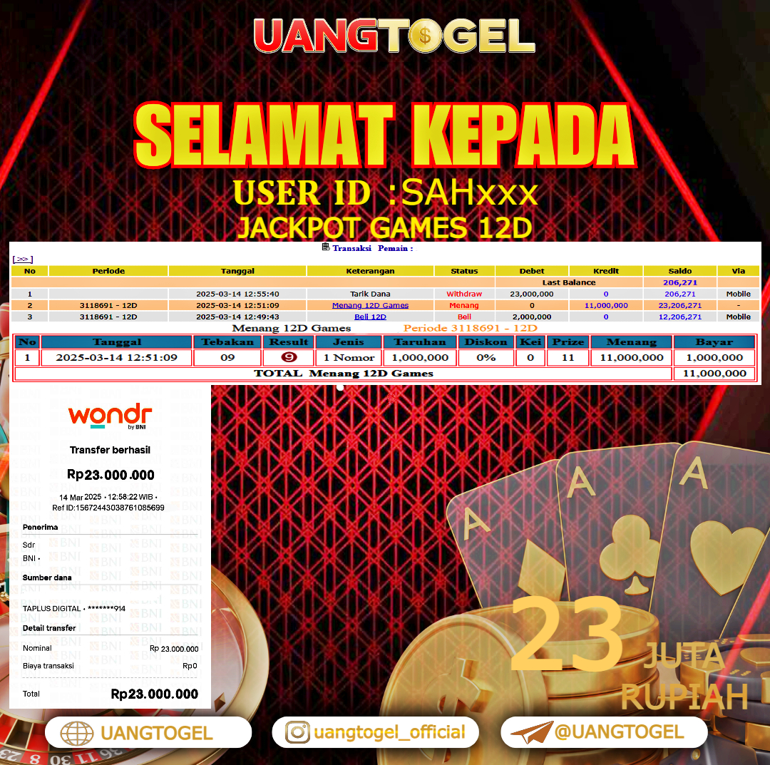 UANGTOGEL JACKPOT LIVE GAMES 12D  Rp.23.000.000   -  LUNAS USER ID :  SAH***