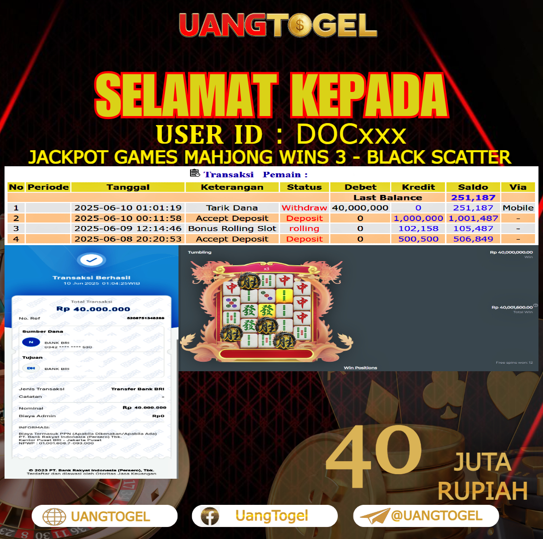 UANGTOGEL JACKPOT SLOT GAMES MAHJONG WINS 3 - BLACK SCATTER Rp.40.000.000 - LUNAS USER ID : DOC***