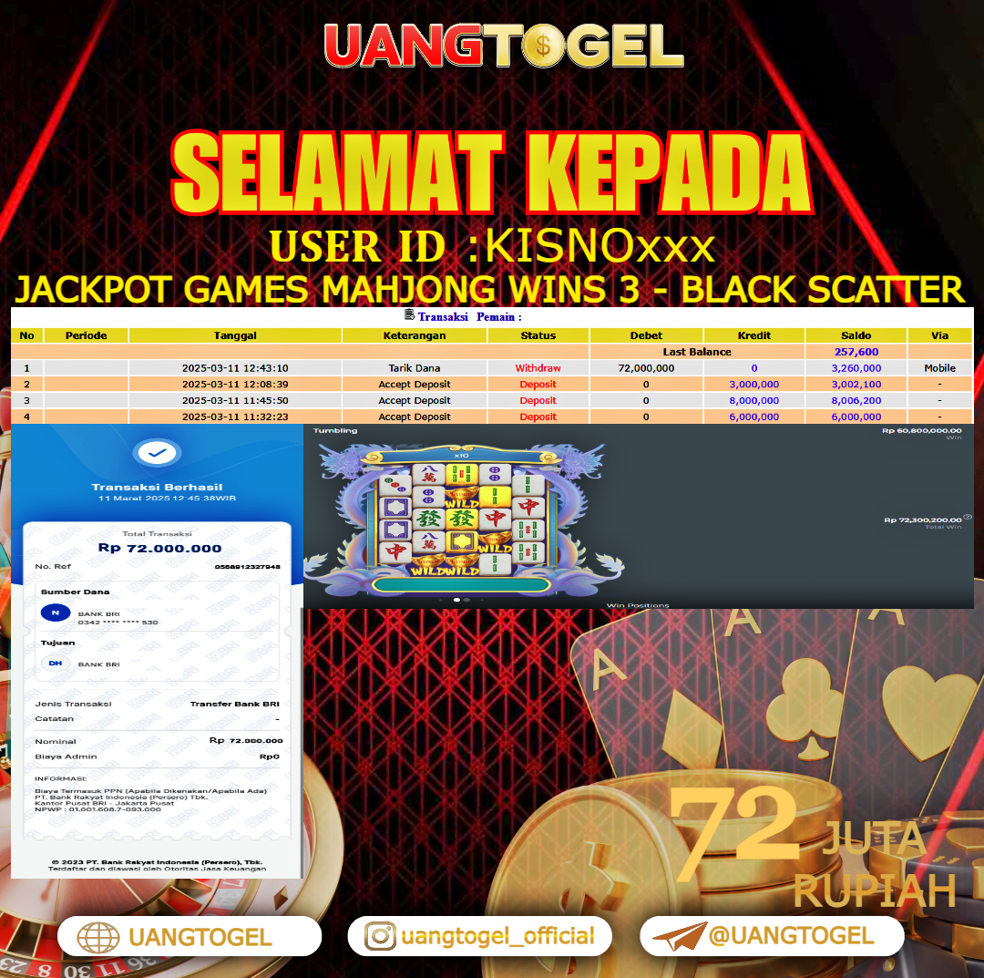 UANGTOGEL JACKPOT SLOT GAMES MAHJONG WINS 3 - BLACK SCATTER  Rp.72.000.000   -  LUNAS USER ID :  KISNO***