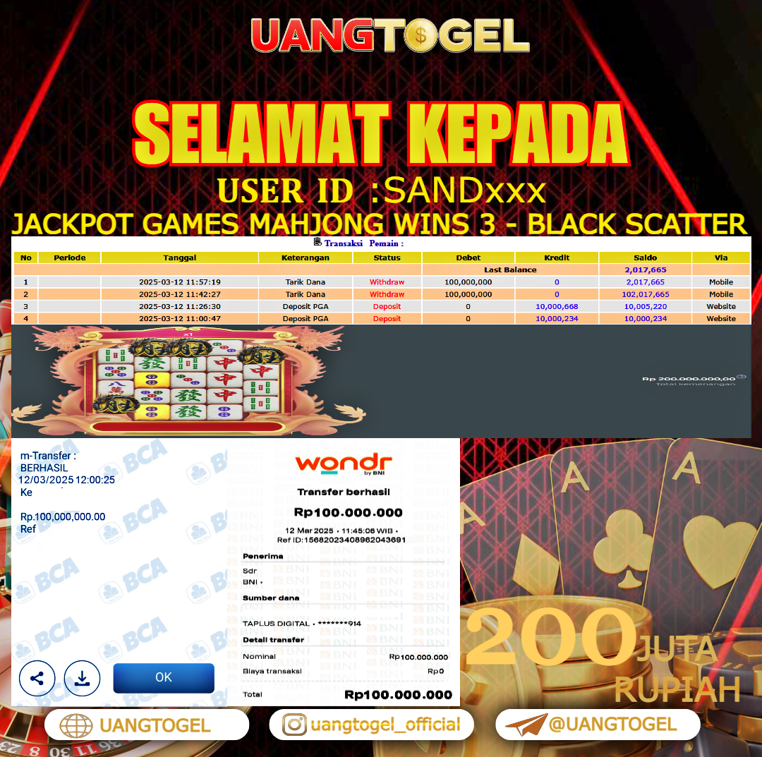 UANGTOGEL JACKPOT SLOT GAMES MAHJONG WINS 3 - BLACK SCATTER  Rp.200.000.000   -  LUNAS USER ID :  SAND***